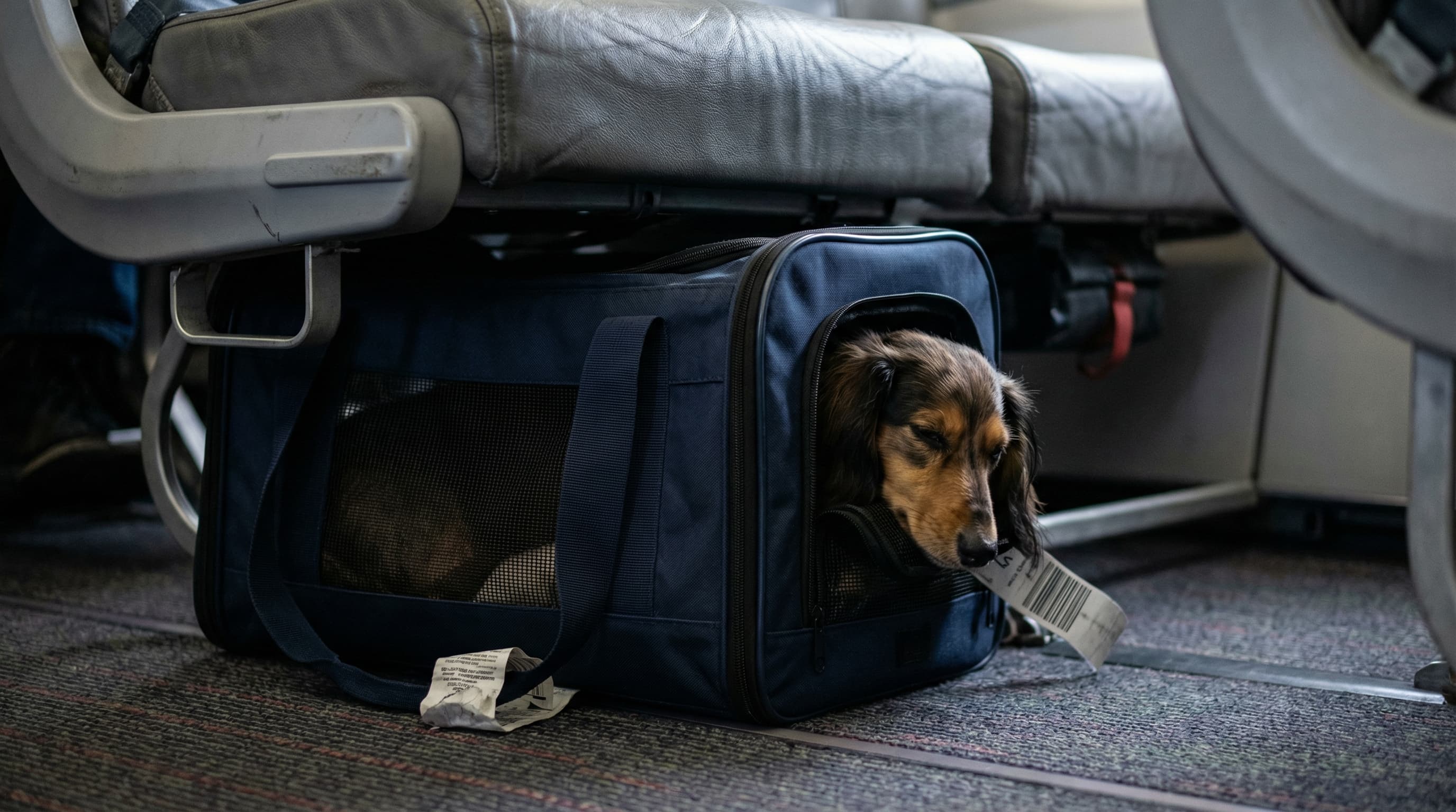 Dachshund resting in soft-sided carrier tucked under economy airplane seat, snug in the under-seat space