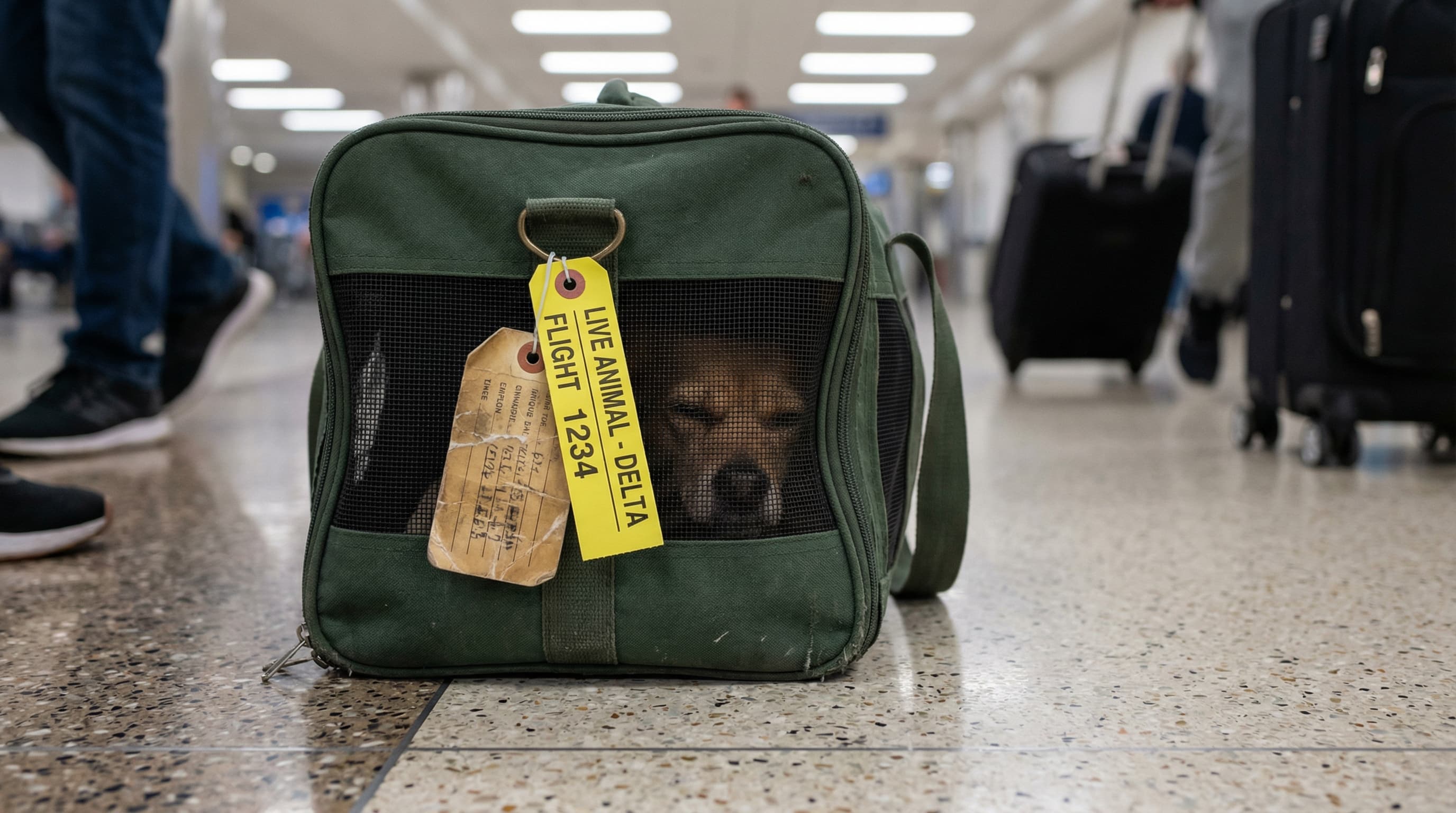 Soft-sided pet carrier on airport terminal floor with yellow airline pet tag on the handle, previous trip tags attached