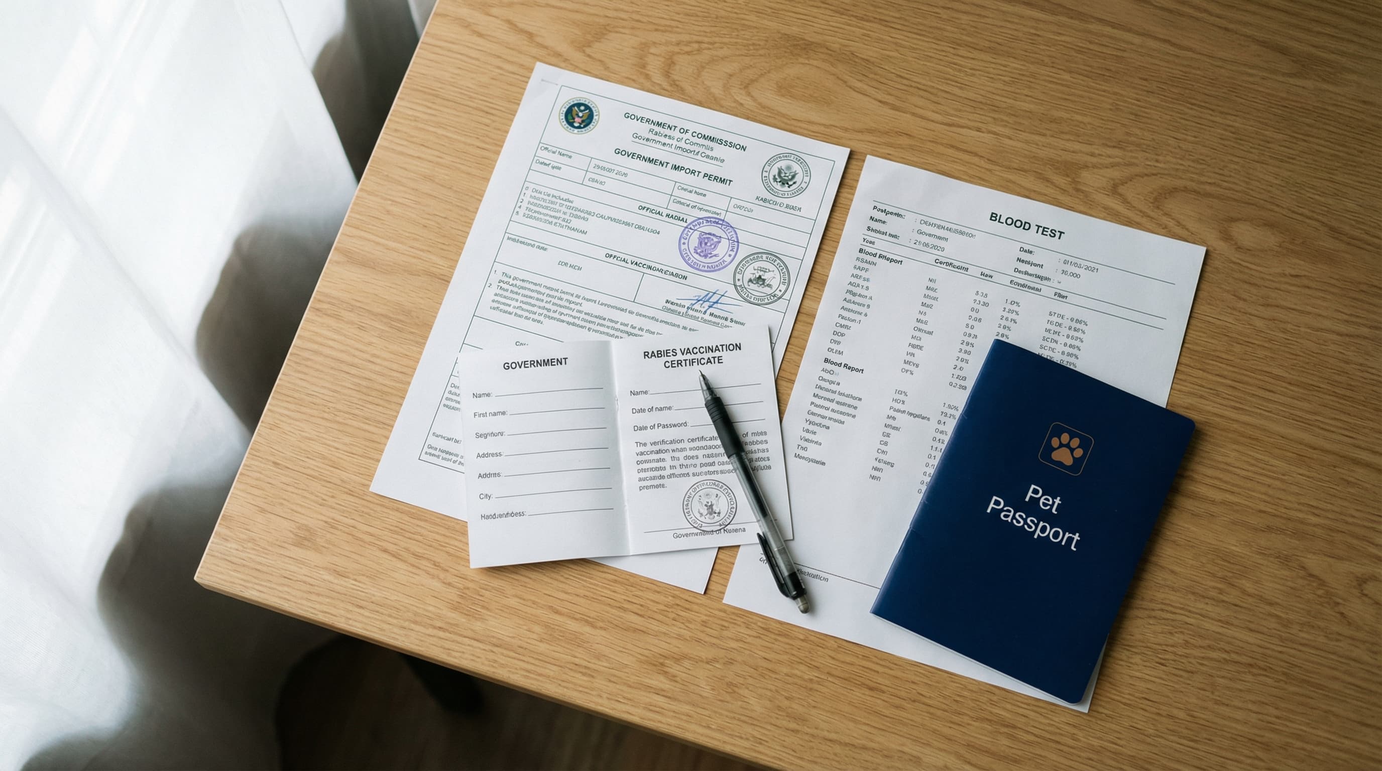 Flat lay of pet import paperwork including government permit, rabies vaccination certificate, blood test report, and pet passport