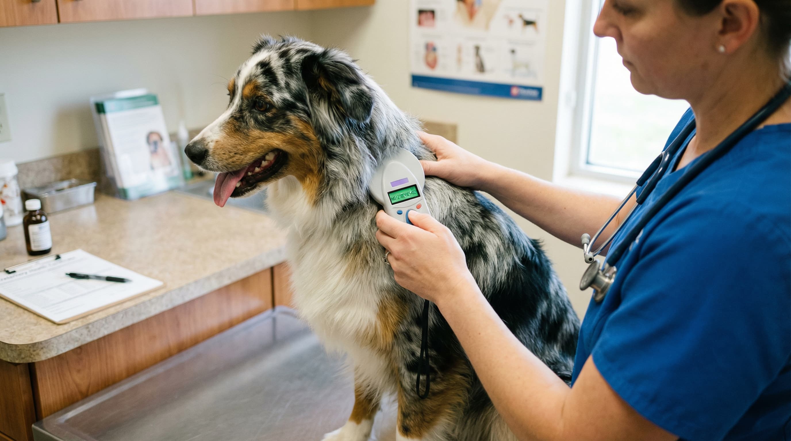 A veterinarian scanning an Australian shepherd mix's microchip with a handheld reader at a veterinary clinic