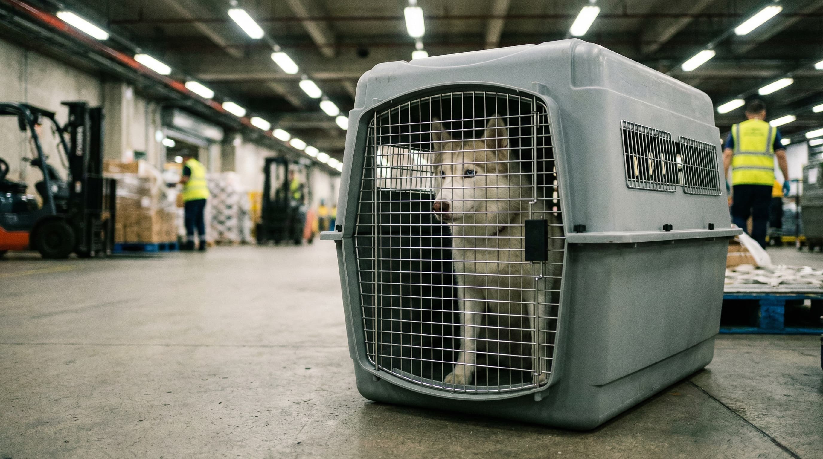 Siberian Husky in IATA-approved hard-sided crate at cargo terminal for Iceland flight