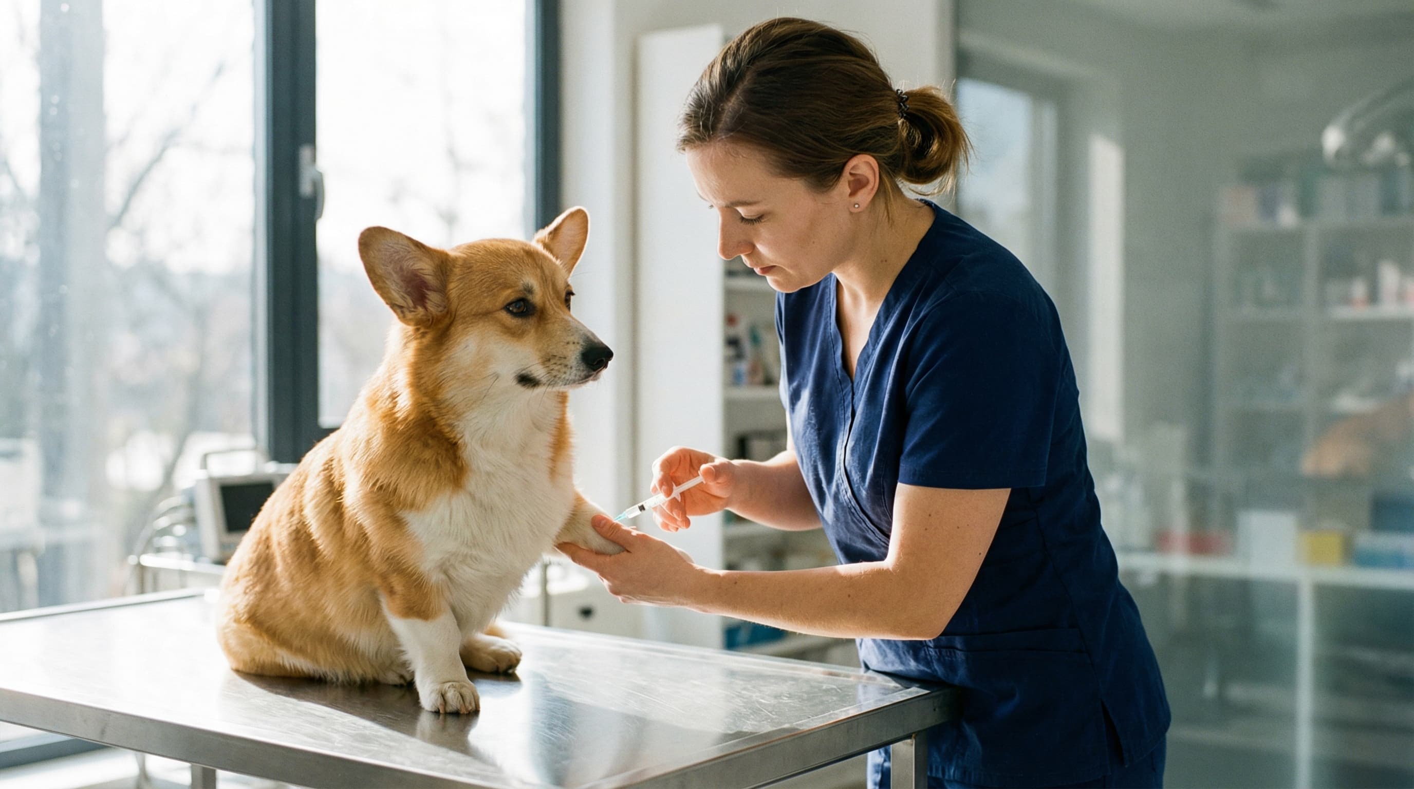 Veterinarian drawing blood from Welsh Corgi for FAVN rabies titer test at modern clinic