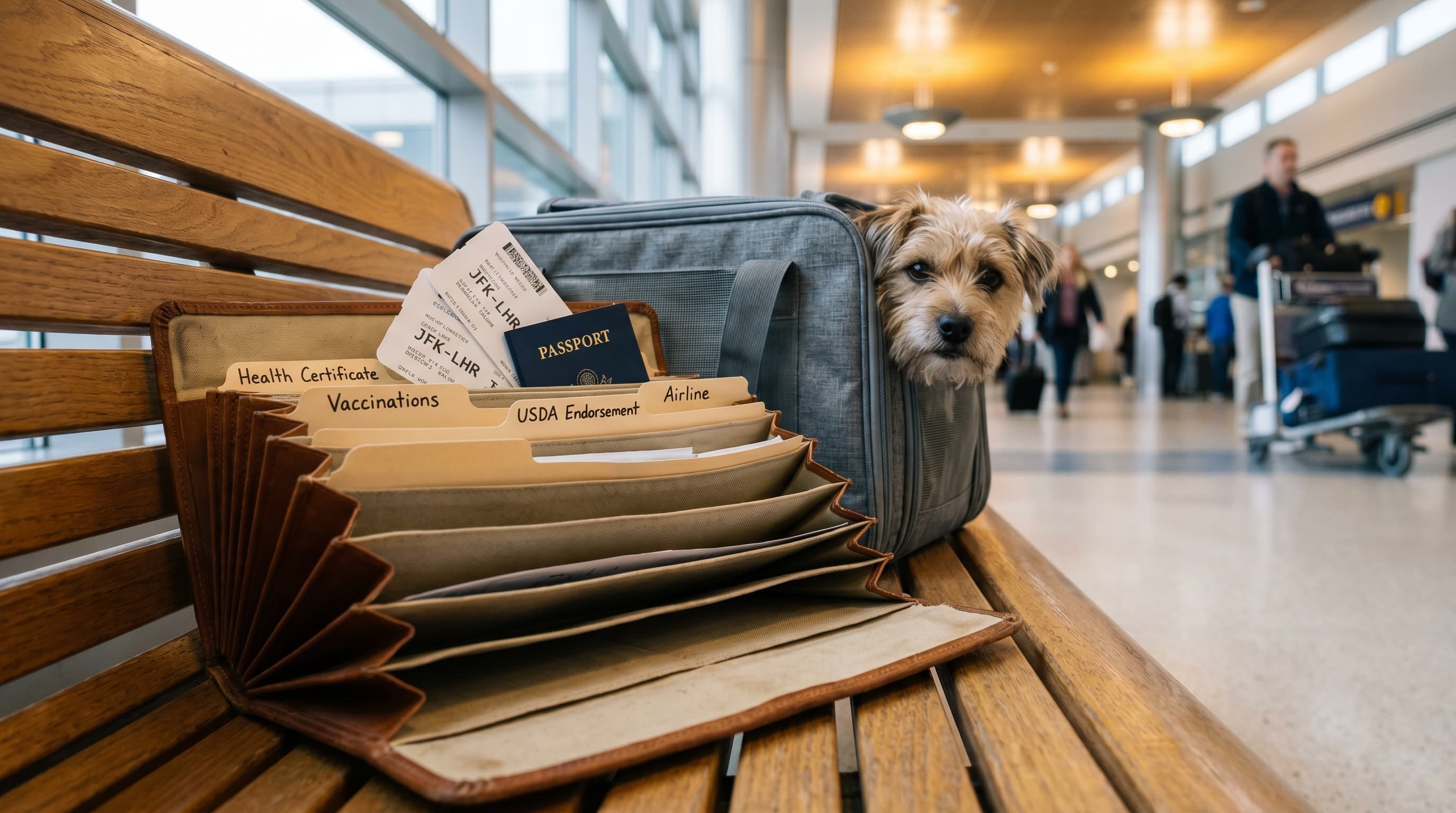 Organized accordion travel document folder with labeled tabs next to a soft-sided pet carrier at an airport gate