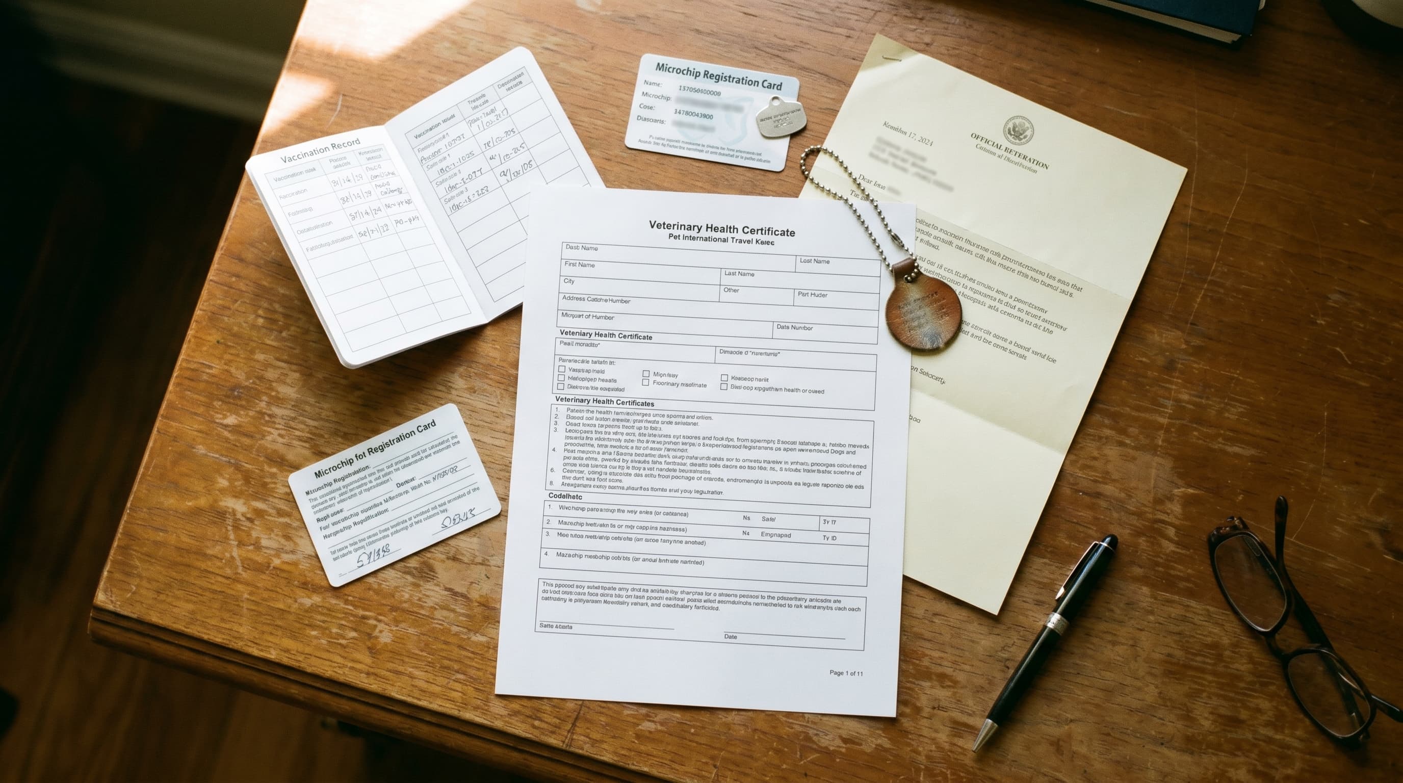 Pet international travel paperwork arranged on a desk: health certificate, vaccination booklet, microchip card, and pet ID tag