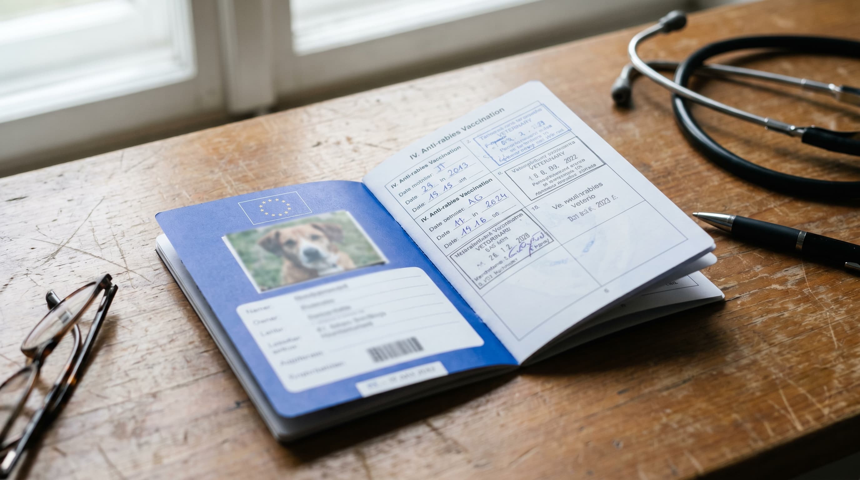 EU pet passport blue booklet open to the rabies vaccination records page on a vet's desk