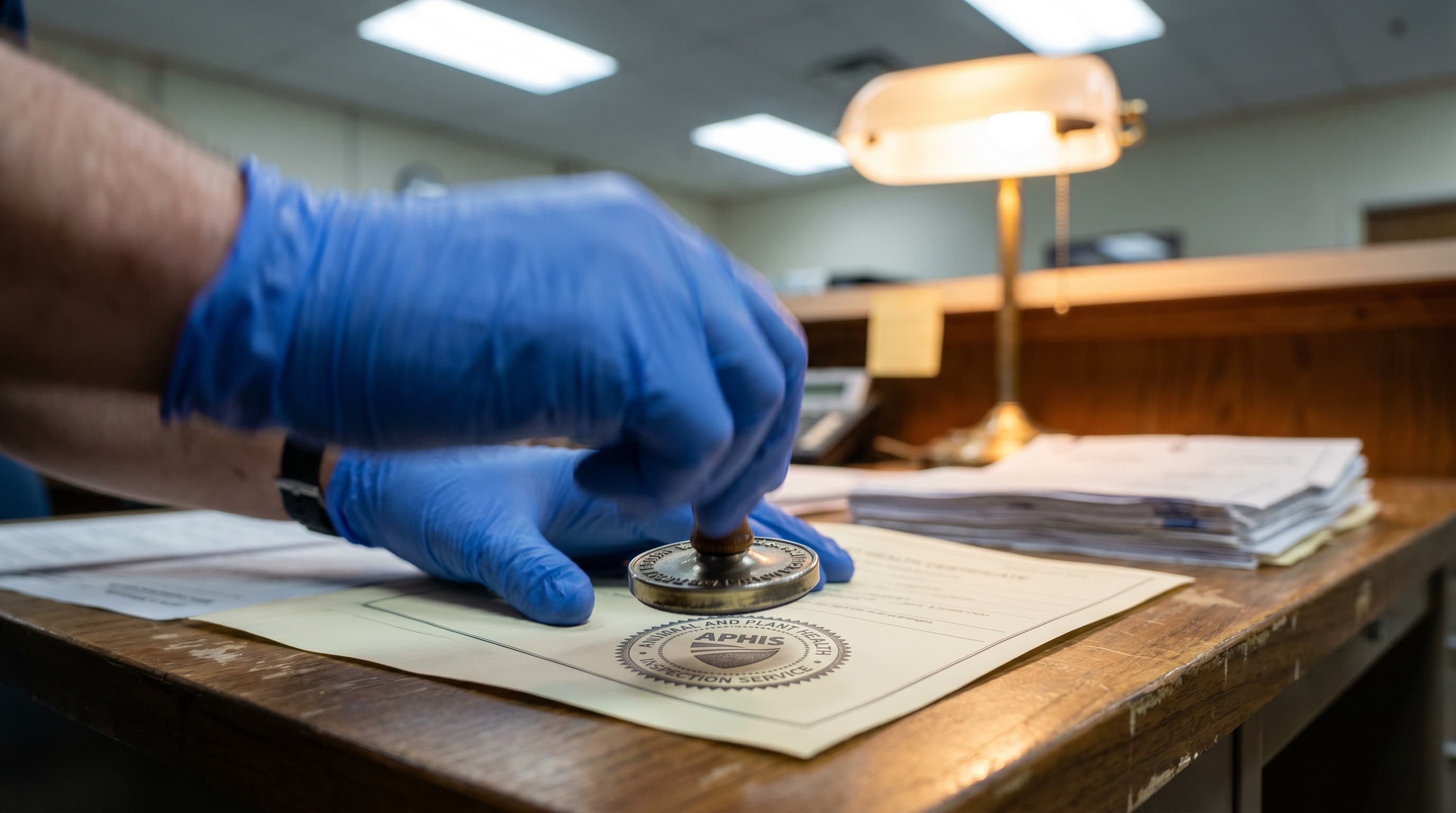 Government official applying an embossed APHIS endorsement stamp to a pet health certificate