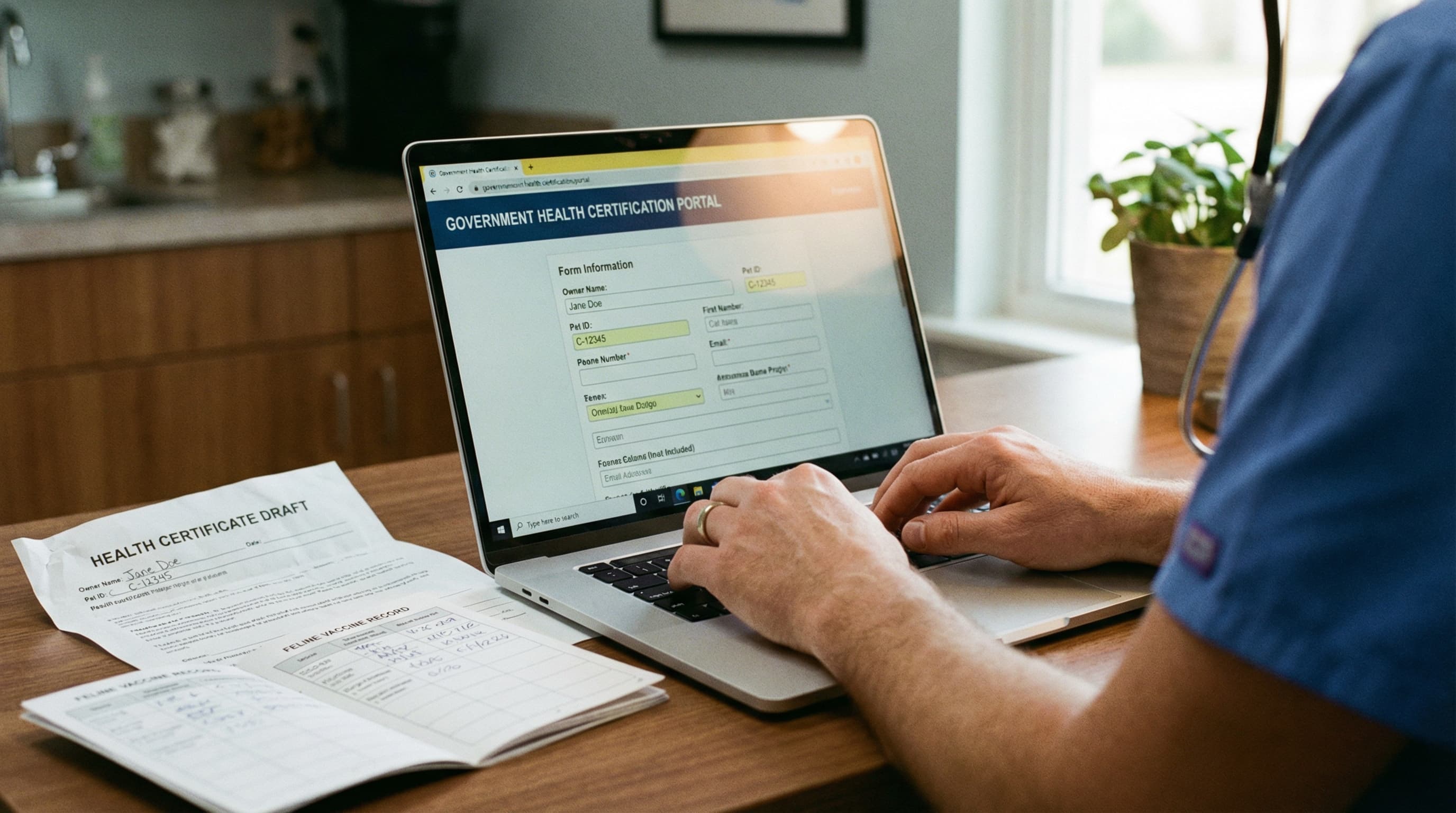 Veterinarian's hands submitting a pet health certificate through an online government portal, vaccine record beside the keyboard